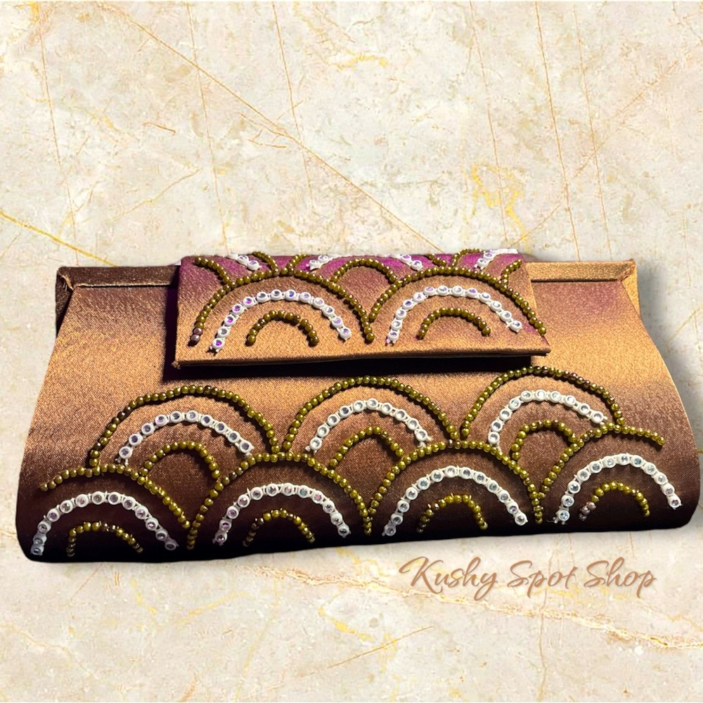 VNT La Viola Satin Bronze W/ Sea Beads & Rhinestone Adornment Evening Bag 🤎✨💛